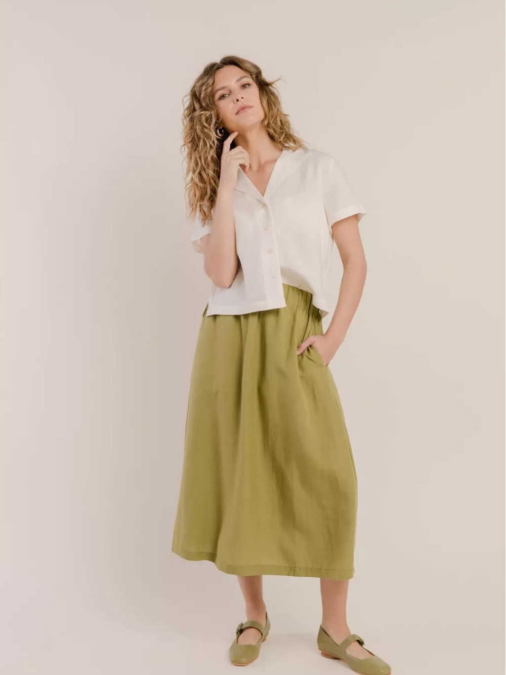 RARE! Tradlands Olive Green Linen Blend Midi Skirt- Cottagecore